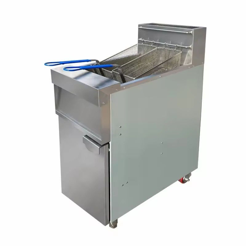 28 litre standing electric deep fryer with baskets fitted, front angle