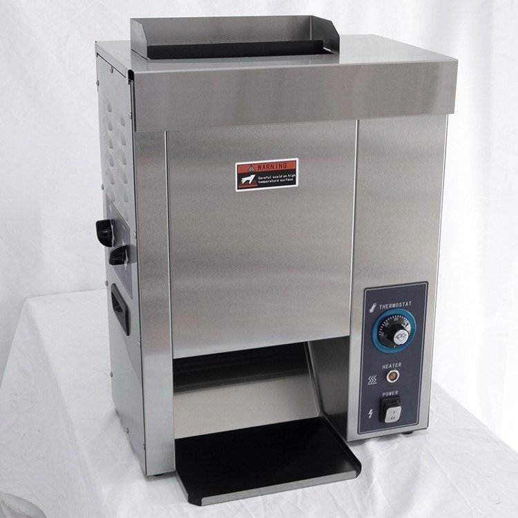 Vertical bun toaster, alternate angle showing the feed chute