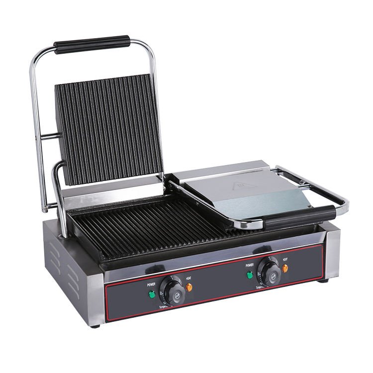 Commercial double plate electric contact grill, angled view