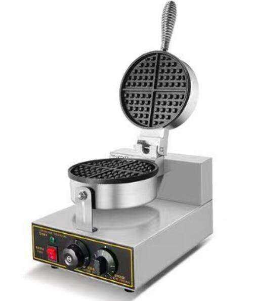 Commercial round Belgian waffle maker, angled view with control panel