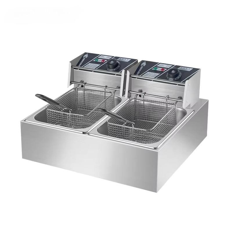 Angled view of the 8+8 litre double tank electric deep fryer