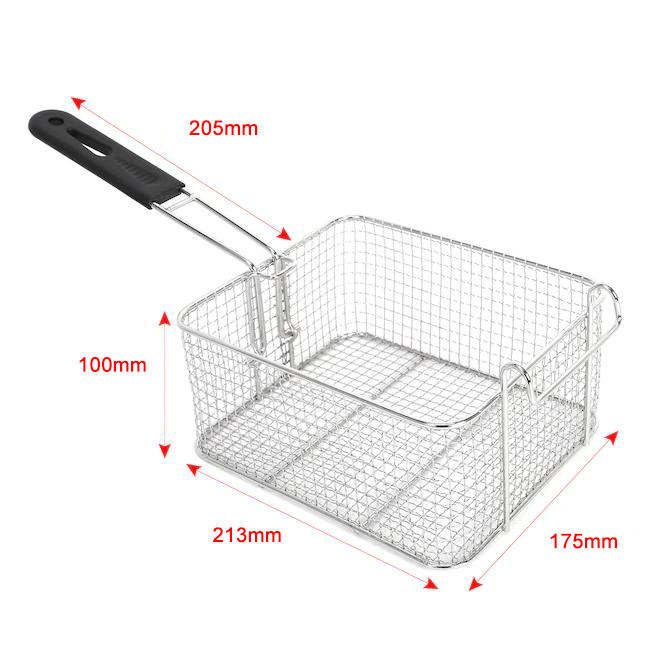 Stainless steel fry basket with handle, removed from the tank
