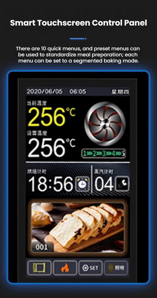 Smart touchscreen control panel of the rotary oven