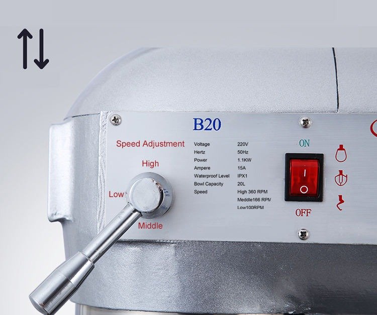 B-20 control panel with High/Low/Middle speed dial and spec table