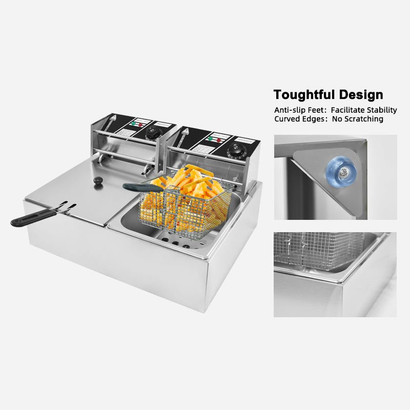 Design highlights of the double tank fryer — anti-slip feet and curved, scratch-free edges