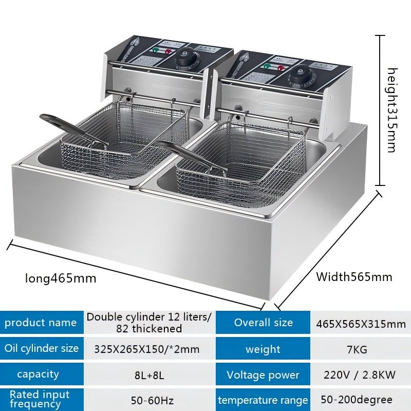Dimensions diagram of the double tank fryer and baskets