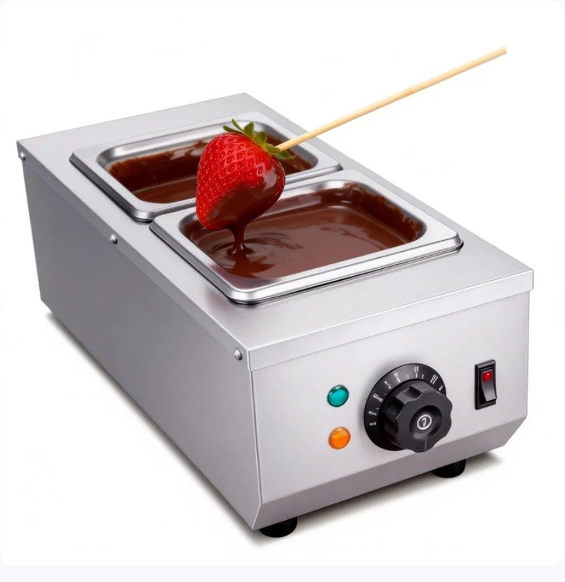 Strawberry being dipped into melted chocolate