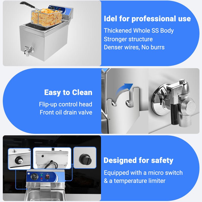Feature highlights of the 10 litre fryer — thickened stainless body, front oil drain valve, safety switch