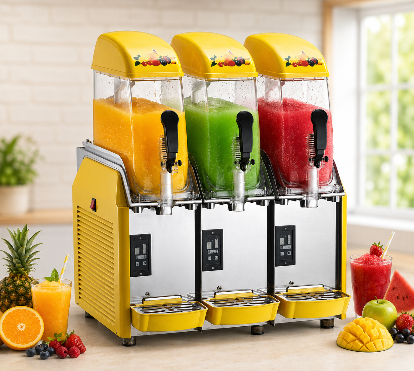 Three Tank Commercial Maker Slush Machine, filled with orange, green and watermelon slush