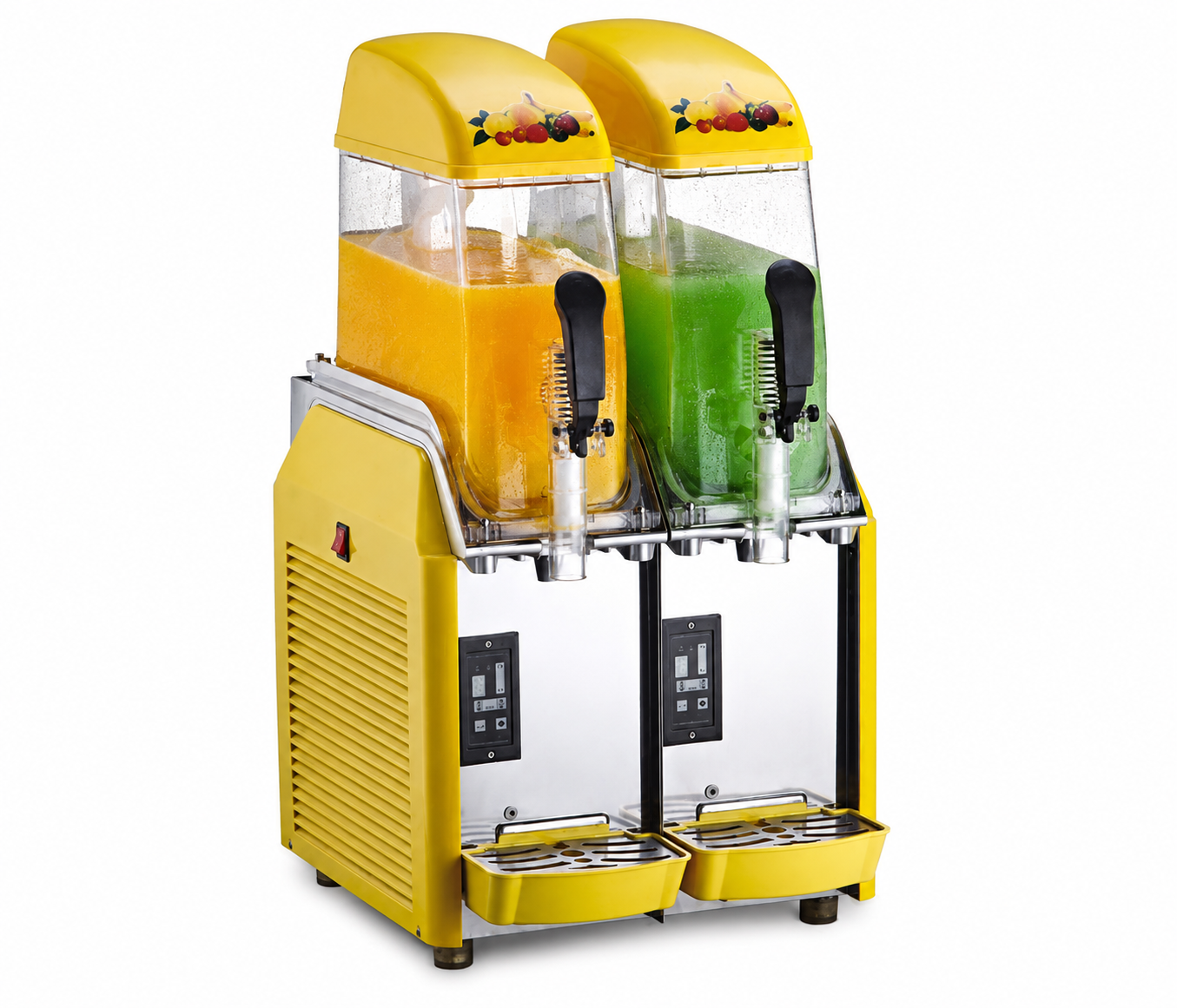 Two Tank Commercial Maker Slush Machine (X-240), filled with orange and green slush