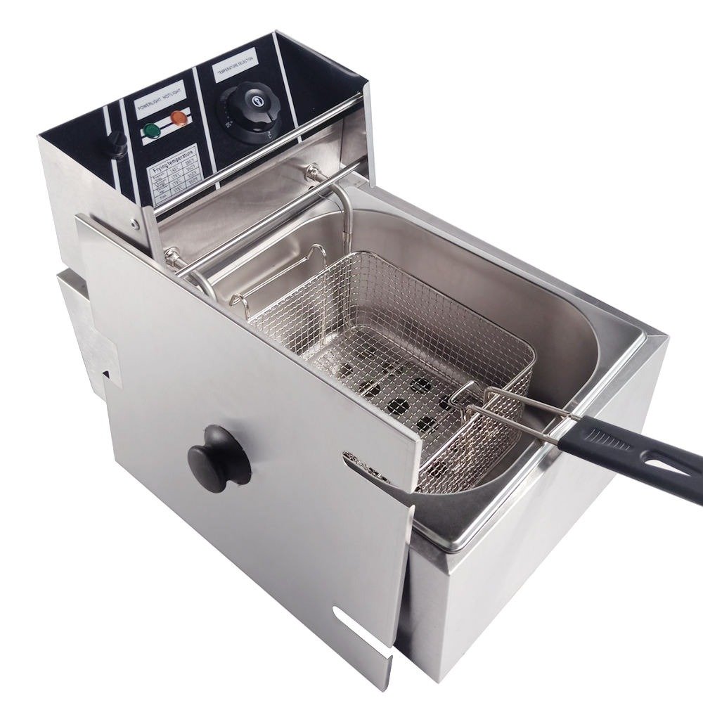Angled front view of the stainless steel electric fryer with control panel