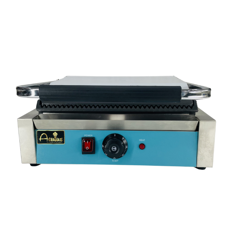 Single plate contact grill, front view with lid closed