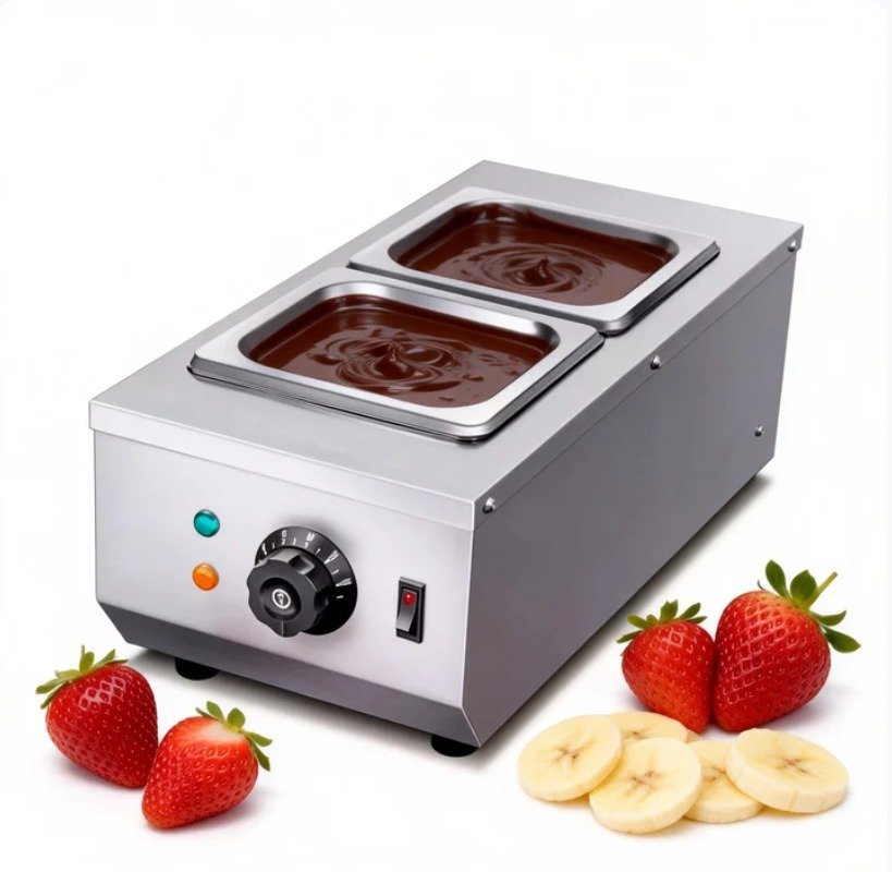Chocolate warmer with 2 GN pans filled with melted chocolate, strawberries and banana slices