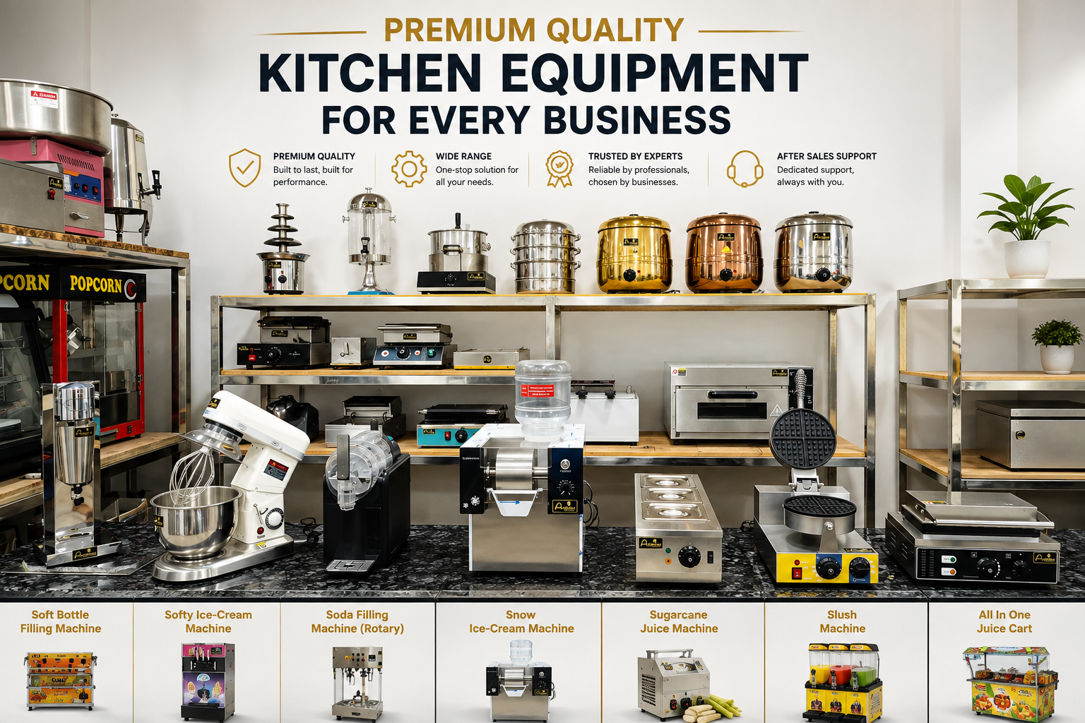 Full range of Acutus kitchen equipment including mixers, warmers, and beverage machines