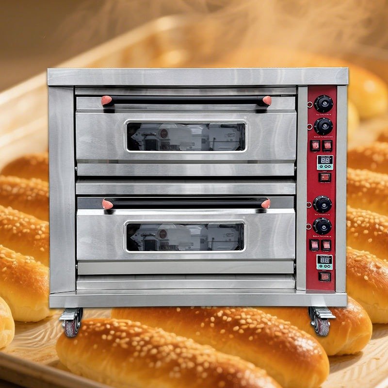 Double deck pizza oven baking bread on a sheet tray