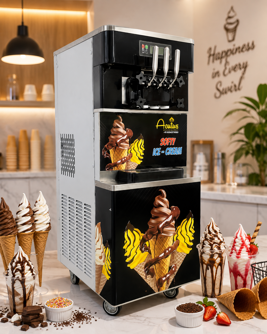 Softy Ice Cream Making Machine, Movable Floor Model, in use at a dessert counter