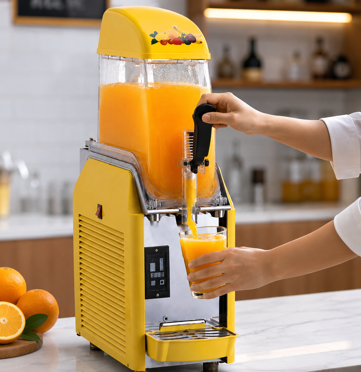 Single Tank Commercial Maker Slush Machine in use at a café counter