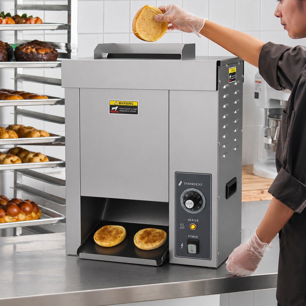 Vertical bun toaster in use, toasting burger buns in a commercial kitchen