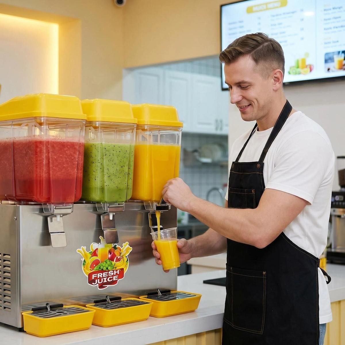 12L x 3 Cold Juice Dispenser in use at a café counter