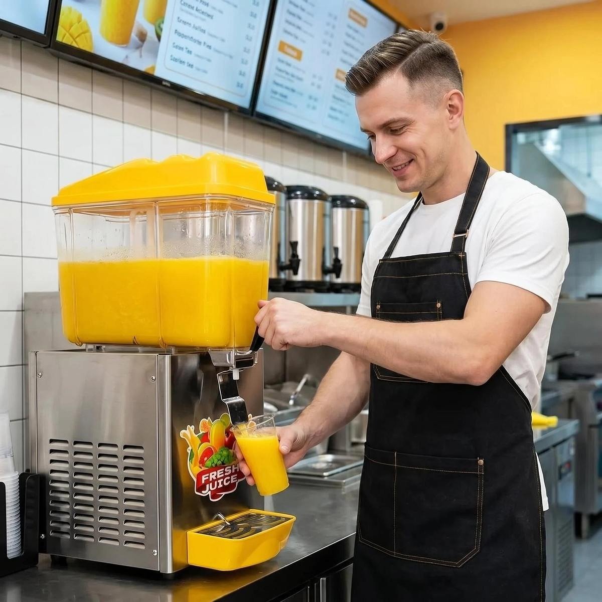 12L Single Tank Cold Juice Dispenser in use at a café counter