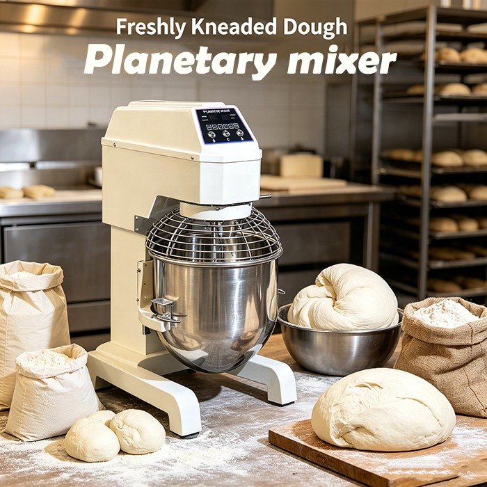 B-40 LTR planetary mixer in a bakery setting with flour and dough