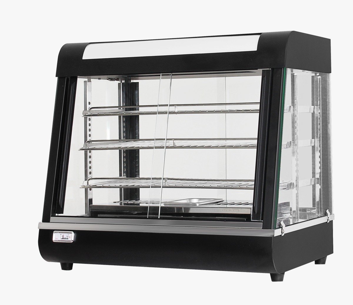 Premium food warmer, black display case with digital temperature readout