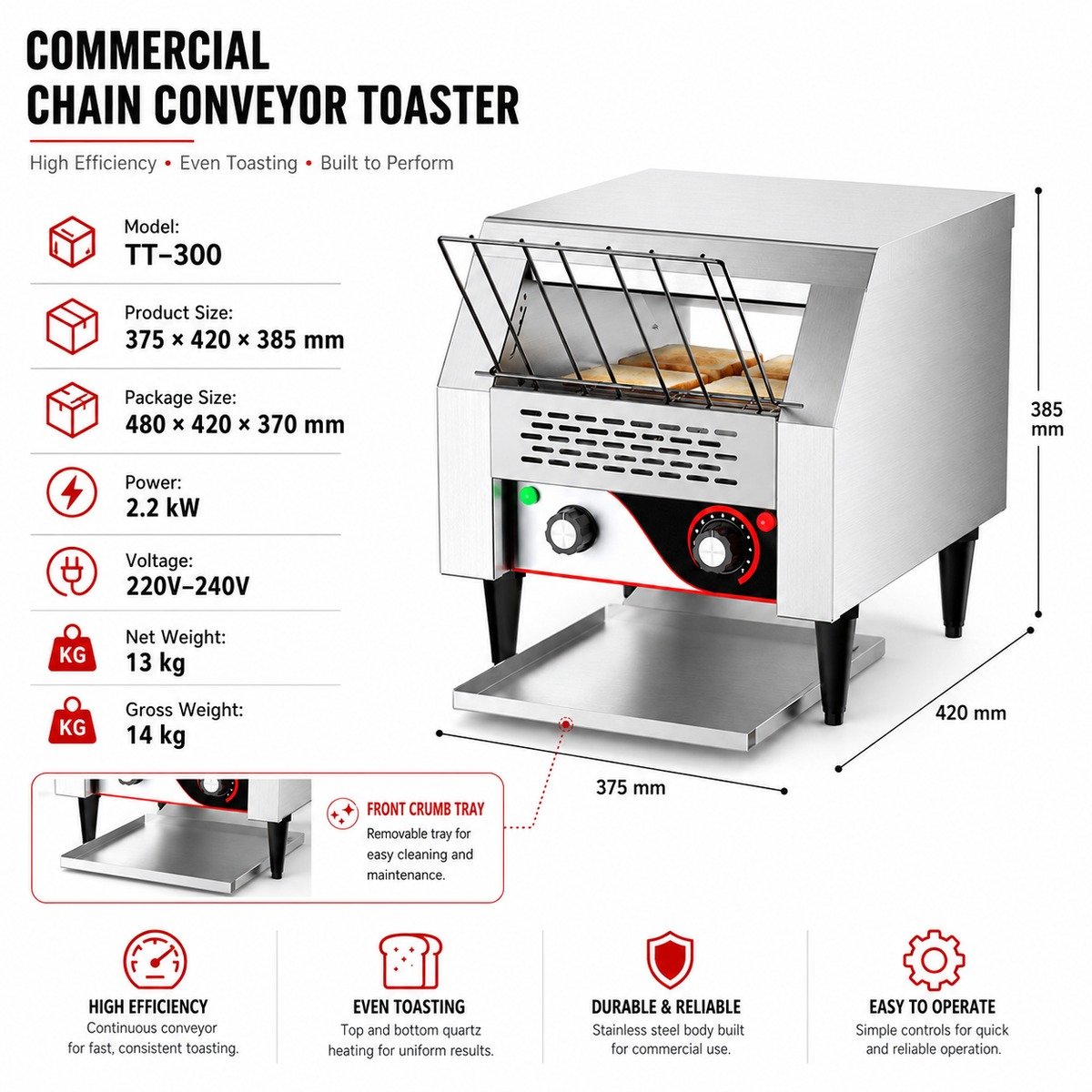 TT-300 commercial conveyor toaster with toast rack raised