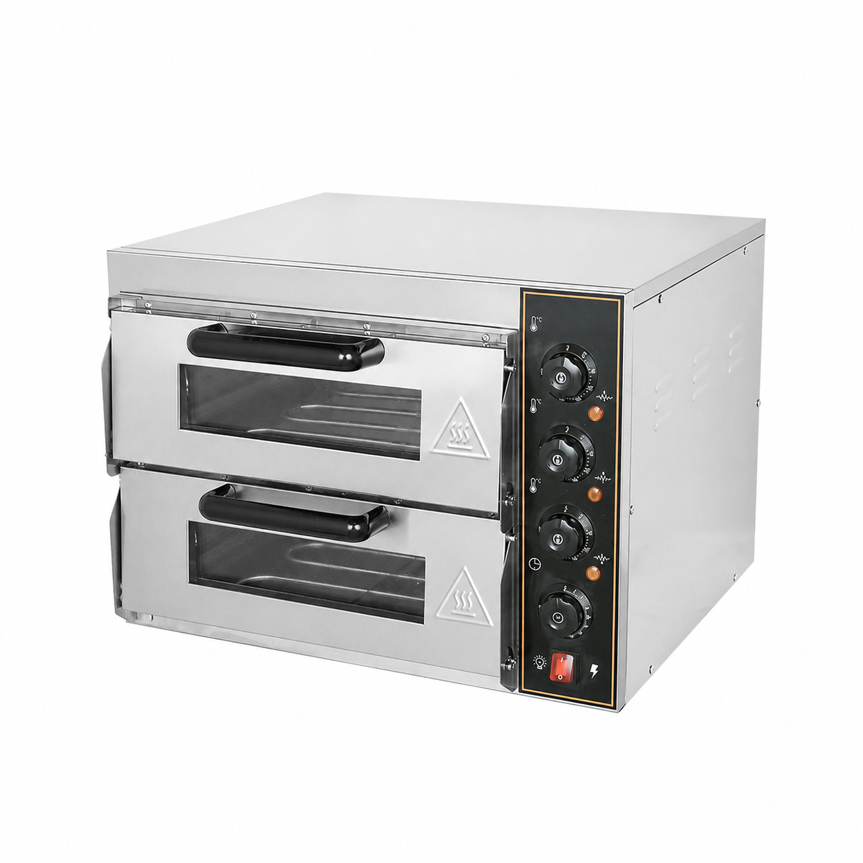 Electric double deck pizza oven, angled view