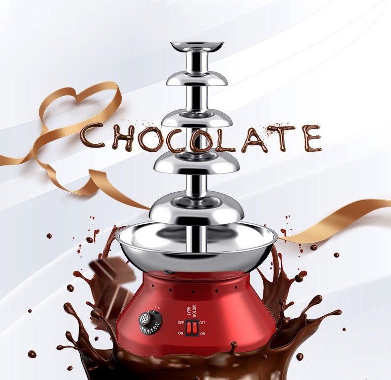 5 tier chocolate fountain, red base, studio shot with chocolate splash