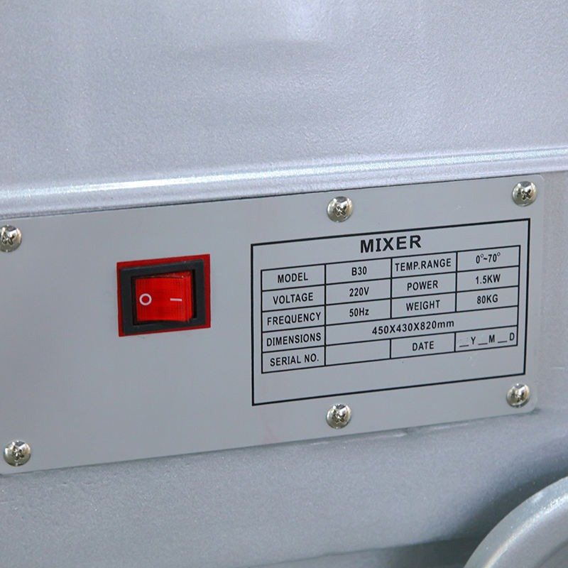 Model nameplate of the B-30 LTR planetary mixer showing voltage, power and dimensions