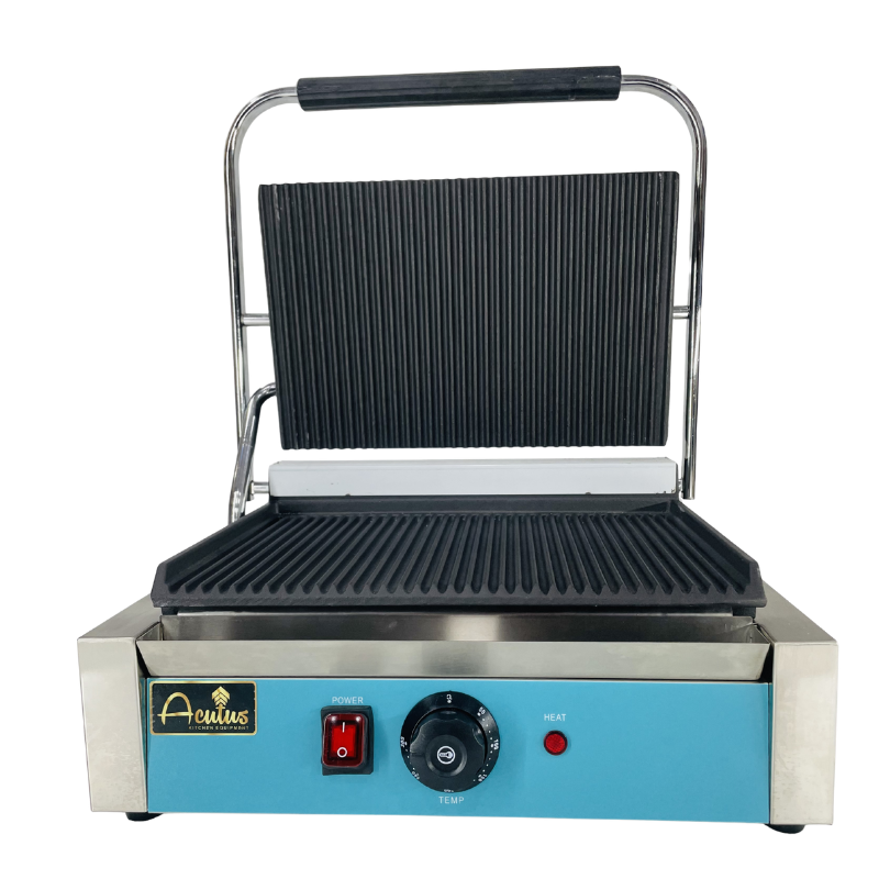 Single plate contact grill with lid open, showing ribbed grill plates