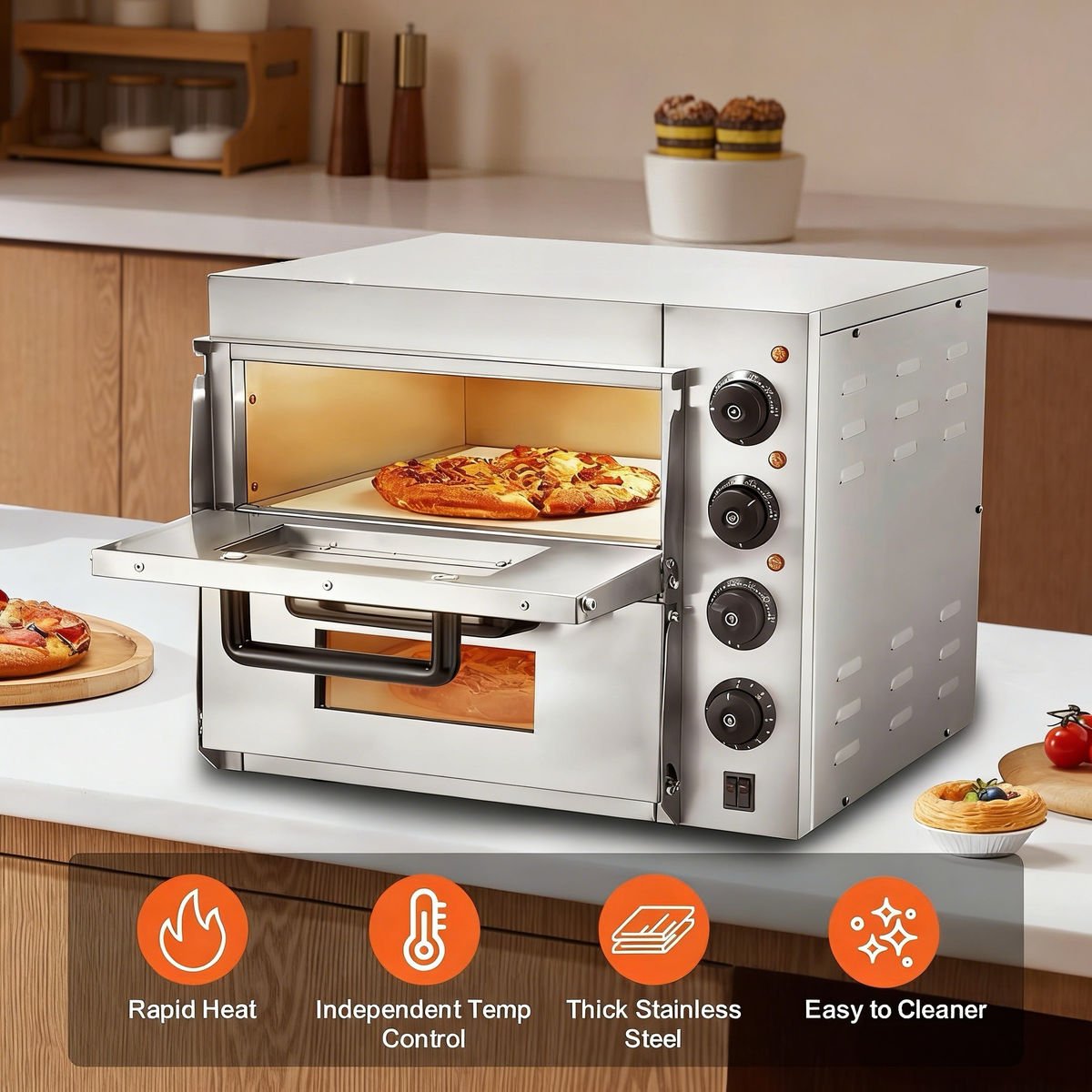 Electric double pizza oven with an open deck baking a pizza