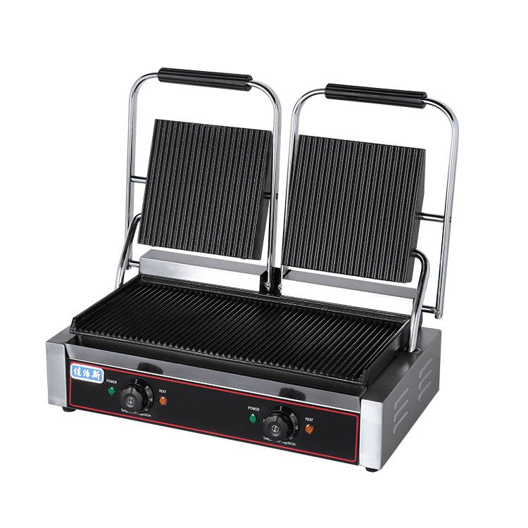 Double plate contact grill with both lids open