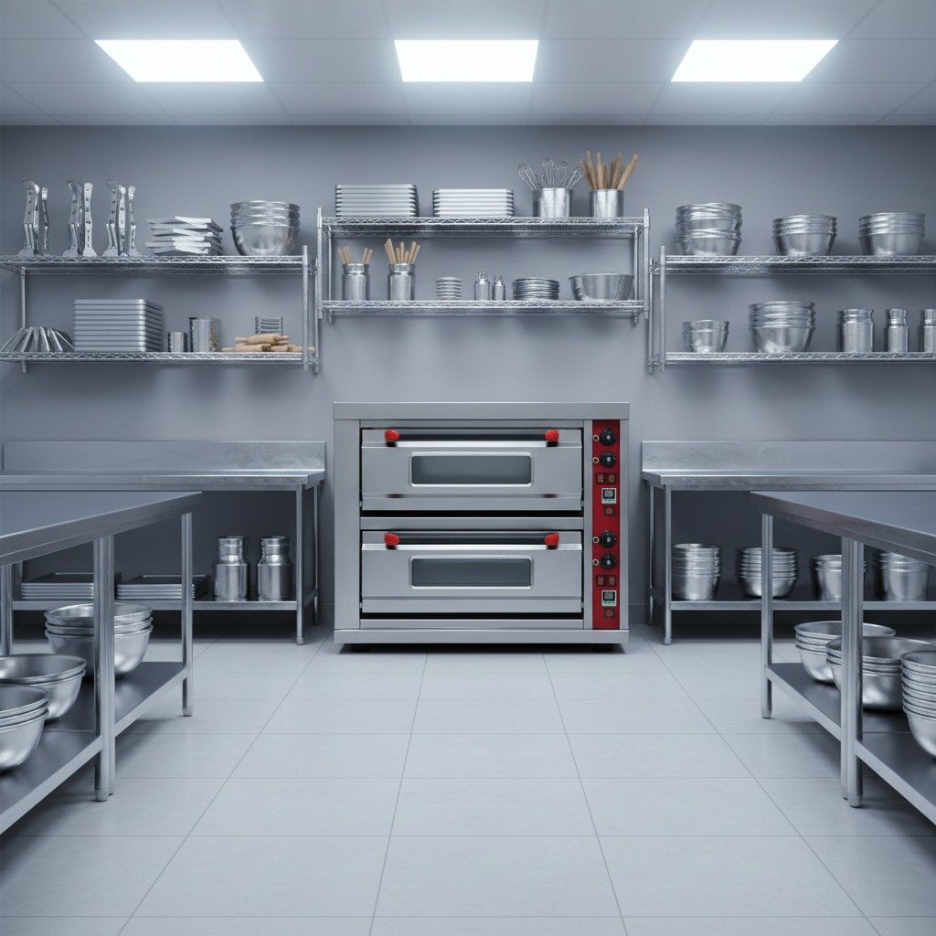 Double deck pizza oven installed in a commercial kitchen