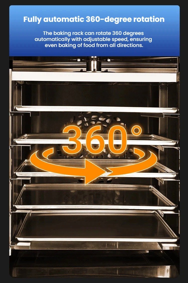 Rotary oven baking rack rotating 360 degrees inside the chamber