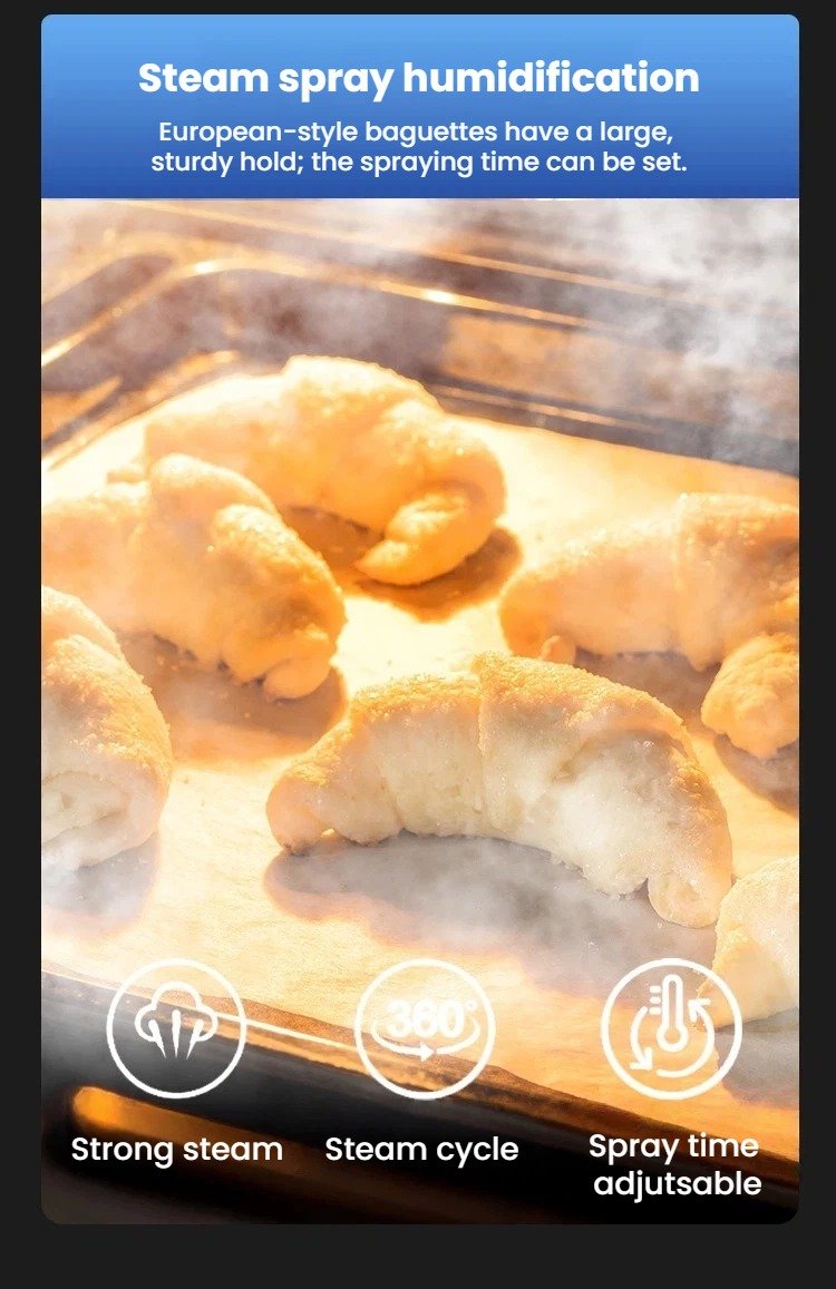 Croissants baking with steam spray humidification inside the rotary oven