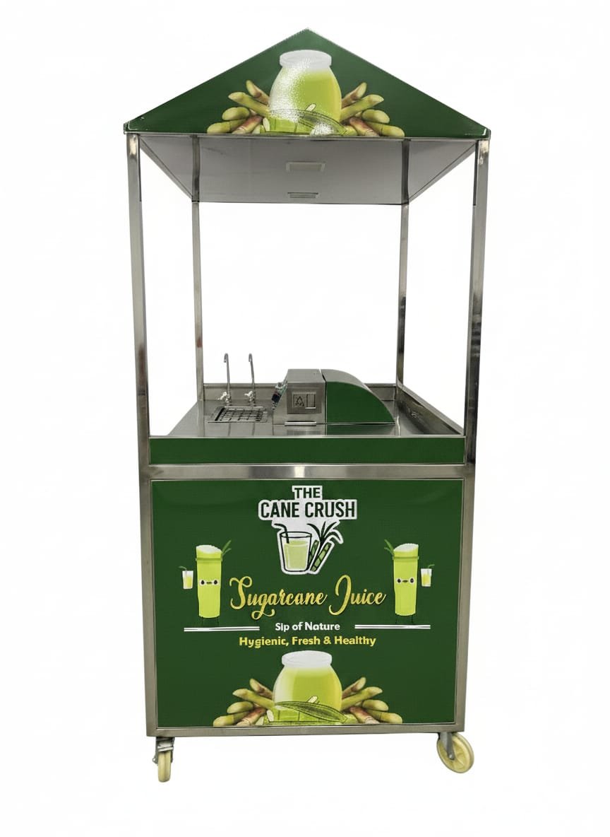 Cane Stall Trolley with Chiller, tall front view showing canopy
