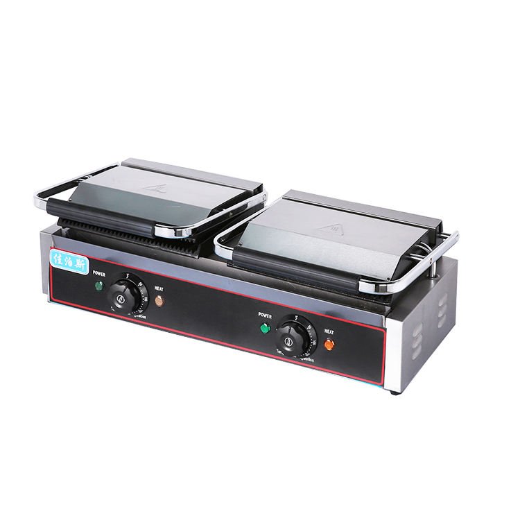 Top-down view of the double plate contact grill with both lids open